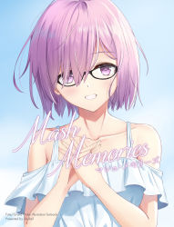 Rule 34 | 1girl, alternate costume, bare shoulders, breasts, character name, collarbone, copyright name, dress, english text, face, fate/grand order, fate (series), glasses, hair over one eye, looking at viewer, mash kyrielight, purple eyes, short hair, short sleeves, skyrail, smile, solo, teeth, white dress