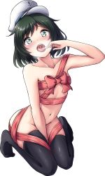 Rule 34 | 1girl, absurdres, between legs, black hair, black thighhighs, blush, breasts, collarbone, finger to tongue, flat chest, full body, green eyes, hand between legs, hat, heart, heart-shaped pupils, highres, kazuto 09, kneeling, knees together feet apart, looking at viewer, murasa minamitsu, naked ribbon, navel, open mouth, ribbon, saliva, short hair, solo, sweat, symbol-shaped pupils, thighhighs, tongue, tongue out, touhou, transparent background, uvula