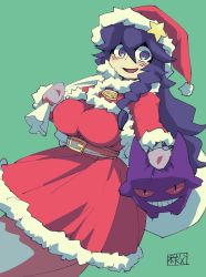 1girl @_@ ahoge belt belt_buckle blush breasts buckle chichibu_(watson) christmas cowboy_shot creatures_(company) deep_skin dress dutch_angle from_side fur_trim game_freak gen_1_pokemon gengar ghost green_background hair_between_eyes hand_on_another&#039;s_head hat hex_maniac_(pokemon) highres holding holding_sack large_breasts long_hair long_sleeves looking_at_viewer mittens nintendo npc_trainer over_shoulder parted_lips pokemon pokemon_(creature) pokemon_xy purple_eyes purple_hair red_dress red_eyes sack santa_costume santa_hat signature simple_background slit_pupils smile star_(symbol) thighs