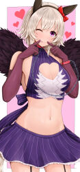 Rule 34 | 1girl, absurdres, alternate costume, animal ears, black garter straps, black hairband, border, bow, breasts, cleavage, collar, commentary request, cowboy shot, curren chan (umamusume), ear bow, ear covers, elbow gloves, fake wings, garter straps, gloves, grey hair, hairband, heart, highres, horse ears, horse girl, large breasts, m172/minatsu, midriff, navel, one eye closed, pink background, purple eyes, purple gloves, purple shirt, purple skirt, red bow, shirt, sideboob, simple background, skirt, smile, solo, tongue, tongue out, umamusume, white border, wings