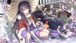 Rule 34 | 1girl, bare legs, bird, black hair, branch, chinese clothes, coat, dog, falling petals, flower, fur-trimmed coat, fur trim, hair flower, hair ornament, highres, holding, holding umbrella, long hair, outstretched hand, parted lips, petals, purple eyes, purple skirt, rou mi romi, sash, sitting, skirt, solo, tun tun, umbrella, yao yao (yuan zun), yuan zun