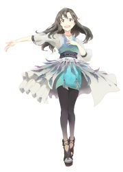 Rule 34 | 1girl, black footwear, black hair, black pantyhose, commentary request, dress, full body, gradient legwear, hand on own chest, highres, iwao junko, jewelry, long hair, medium sleeves, mole, mole under mouth, multicolored clothes, multicolored legwear, necklace, obi, open mouth, outstretched arm, overskirt, pantyhose, purple eyes, real life, round teeth, sash, see-through, see-through sleeves, simple background, solo, standing, tassel, teeth, transparent sleeves, upper teeth only, white background, yoshito