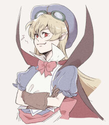Rule 34 | 1girl, apron, blonde hair, blue hat, bow, cape, closed mouth, dress, fang, gloves, goggles, goggles on head, hat, long hair, looking at viewer, marivel armitage, pointy ears, red eyes, remon (lemonsquah), simple background, smile, solo, vampire, white background, wild arms, wild arms 2