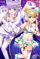Rule 34 | 2girls, :d, albacore (azur lane), albacore (muse) (azur lane), arms up, azur lane, blonde hair, blue eyes, blush, boots, commentary, crop top, double bun, fur-trimmed legwear, fur trim, green eyes, green vest, hair between eyes, hair bun, headphones, headset, looking at viewer, md5 mismatch, midriff, multiple girls, navel, open clothes, open mouth, open vest, plaid, plaid shirt, plaid skirt, plaid vest, pleated skirt, purple hair, purple shirt, purple skirt, resolution mismatch, shirt, short shorts, shorts, sidelocks, single thighhigh, skirt, sleeveless, sleeveless shirt, smile, source larger, standing, standing on one leg, star (symbol), symbol-only commentary, tashkent (azur lane), tashkent (muse) (azur lane), thighhighs, tukino neru, vest, white footwear, white legwear, white shirt, white shorts