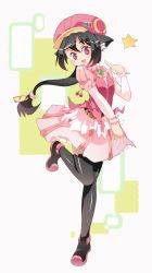 Rule 34 | 1girl, animal ears, black pantyhose, black thighhighs, cat ears, full body, gem, hat, leg up, looking at viewer, open mouth, pantyhose, pointing, red eyes, shoes, simple background, solo, standing, standing on one leg, star (symbol), tareme, teeth, thighhighs, white background