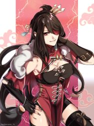Rule 34 | 1girl, amano nae, beidou (genshin impact), black gloves, black hair, boots, breasts, cleavage, cleavage cutout, clothing cutout, dress, elbow gloves, eyepatch, fingerless gloves, floating hair, genshin impact, gloves, hair behind ear, hair ornament, hair stick, hand on own hip, highres, looking at viewer, medium breasts, one eye covered, red dress, red eyes, smile, solo, thigh boots, thighhighs