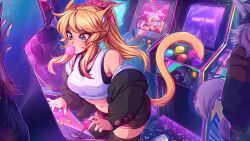 Rule 34 | 3girls, animal ears, arcade, arcade cabinet, bare shoulders, black jacket, black thighhighs, breasts, blowing bubbles, cat ears, cat girl, cat tail, earphones, earrings, facial mark, final fantasy, final fantasy xiv, hair ornament, heart, heart earrings, highres, indoors, jacket, jewelry, large breasts, leaning forward, long sleeves, merunyaa, multiple girls, nail polish, navel, off shoulder, open clothes, open jacket, original, pink shorts, playing games, ponytail, shorts, skirt, slit pupils, solo focus, stomach, sweat, tail, thighhighs, warrior of light (ff14), whisker markings