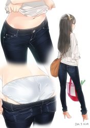 Rule 34 | 10s, 1girl, 2016, alternate costume, ama mitsuki, artist name, ass, bag, black hair, casual, clothes pull, commentary, dated, denim, haruna (kancolle), headgear, high heels, jeans, kantai collection, long hair, multiple views, navel, panties, pants, pants pull, shopping bag, simple background, spring onion, underwear, undressing, white background, white panties