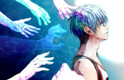 Rule 34 | 1boy, 6+others, basketball jersey, blue background, blue eyes, blue hair, expressionless, gradient background, kuroko no basuke, kuroko tetsuya, male focus, multiple hands, multiple others, parted lips, short hair, sleeveless, solo focus, tearing up, teeth, tokyoparasite, two-tone background, upper body, white background