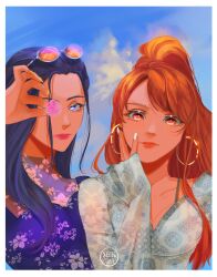 Rule 34 | 2girls, arabic commentary, black hair, blue eyes, commentary, earrings, eyewear on head, floral print, flower, hand on own cheek, hand on own face, high ponytail, highres, holding, holding flower, jewelry, light smile, long hair, looking at viewer, milktea tq, multiple girls, nami (one piece), nico robin, one piece, orange eyes, orange hair, pink lips, ponytail, purple shirt, shirt, sky, upper body, watermark, white nails, yellow nails