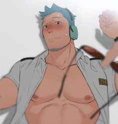 Rule 34 | 1boy, abs, animal crossing, bara, bare pectorals, blue eyes, blue hair, blush, collared shirt, facial hair, glasses, headphones, large pectorals, looking at viewer, lying, male focus, manly, mature male, muscular, muscular male, nintendo, nipples, on back, open clothes, open shirt, orville (animal crossing), otototo, pectorals, shirt, spiked hair, stubble, sunglasses, sweat, sweatdrop, upper body, watch