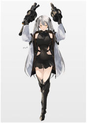 Rule 34 | 1girl, :o, absurdres, alternate costume, arms up, artist name, bare shoulders, black dress, black gloves, blush, breasts, commission, covered navel, destroyer (girls&#039; frontline), dress, full body, girls&#039; frontline, gloves, grenade launcher, grey hair, gun, hair ornament, hairclip, highres, holding, holding gun, holding weapon, jacket, long hair, long sleeves, looking at viewer, mechanical legs, medium breasts, milkor mgl, multicolored hair, open clothes, open jacket, open mouth, sangvis ferri, skeb commission, solo, standing, streaked hair, sutekina awa, twintails, weapon, white background, white jacket, yellow eyes