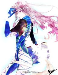 Rule 34 | 1girl, bad id, bad pixiv id, belt, bodysuit, book, copyright name, glasses, gloves, hair intakes, hino mamori, long hair, pink eyes, pink hair, presa (tales), profile, skin tight, smile, solo, tail, tales of (series), tales of xillia