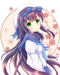 Rule 34 | 10s, 1girl, :o, beret, blue neckerchief, blue ribbon, blue skirt, commentary, floral background, frilled skirt, frills, from side, gloves, green eyes, hair ribbon, hand on own chest, hat, kantai collection, kedama (kedama akaza), long hair, long sleeves, looking at viewer, looking to the side, matsuwa (kancolle), neckerchief, open mouth, pleated skirt, purple hair, ribbon, school uniform, serafuku, shirt, sidelocks, skirt, solo, tareme, upper body, very long hair, white gloves, white hat, white shirt