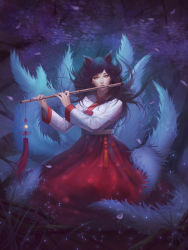 Rule 34 | 1girl, ahri (league of legends), animal ears, black hair, facial mark, flute, fox ears, fox tail, full body, grass, hanbok, highres, instrument, korean clothes, league of legends, long hair, long sleeves, looking at viewer, md5 mismatch, multiple tails, music, npye13, outdoors, petals, playing instrument, poenatsha yuen, resized, resolution mismatch, solo, source larger, tail, whisker markings, wind, yellow eyes