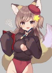 Rule 34 | 1girl, animal ear fluff, animal ears, annytf, art brush, black gloves, black sweater, breasts, brown eyes, brown hair, cleavage, cleavage cutout, clothing cutout, commission, fingerless gloves, fox ears, fox girl, fox tail, gloves, grey background, groin, hair ornament, hand to own mouth, hat, highleg, highleg leotard, highres, indie virtual youtuber, leotard, leotard under clothes, long hair, no pants, noamem, one side up, open mouth, paintbrush, red hat, red leotard, simple background, skeb commission, sketchbook, smile, solo, star (symbol), star hair ornament, sweater, tail, thighs, upper body, virtual youtuber