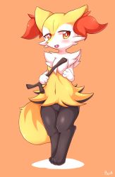 Rule 34 | 1girl, absurdres, animal ears, animal hands, artist name, blush, braixen, breasts, claws, creatures (company), fang, feet, fox ears, fox tail, full body, furry, furry female, game freak, gen 6 pokemon, half-closed eyes, hands up, highres, looking away, navel, nintendo, open mouth, orange background, pokemon, pokemon (creature), pokemon xy, rua (teru), simple background, small breasts, smile, solo, standing, stick, tail, teeth, text focus, tongue, yellow eyes