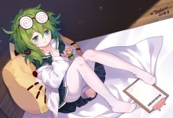 Rule 34 | 1girl, bed, benghuai xueyuan, between legs, character request, clipboard, coke-bottle glasses, commentary request, dated, dutch angle, eyewear on head, feet, glasses, green eyes, green hair, green serafuku, green shirt, green skirt, hair between eyes, hand between legs, honkai (series), jacket, long sleeves, no shoes, on bed, open clothes, open jacket, pantyhose, parted lips, pleated skirt, sailor collar, school uniform, serafuku, shirt, signature, sitting, skirt, solo, tsubasa tsubasa, white jacket, white pantyhose, white sailor collar, wooden floor