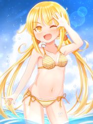 Rule 34 | 1girl, absurdres, bikini, blonde hair, blush, cloud, collarbone, cowboy shot, day, groin, hair between eyes, halterneck, highres, kantai collection, layered bikini, long hair, low twintails, navel, ocean, one eye closed, open mouth, partially submerged, satsuki (kancolle), side-tie bikini bottom, smile, solo, sparkle, striped bikini, striped clothes, suzushiro (gripen39), swimsuit, twintails, wading, water, water drop, yellow eyes
