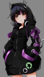 Rule 34 | 1girl, badge, black hair, black jacket, blunt bangs, blush, breasts, button badge, commentary request, cowboy shot, cross-laced clothes, cross-laced sleeves, dameyoshi, demon girl, demon horns, demon tail, grey background, hands in pockets, heart, highres, hood, hood up, horns, horns through hood, jacket, kojo anna, kojo anna (1st costume), long hair, long sleeves, looking at viewer, medium breasts, multicolored hair, nanashi inc., open mouth, purple hair, russian text, simple background, solo, star (symbol), sugar lyric, tail, twintails, two-tone hair, virtual youtuber, yellow eyes, zipper