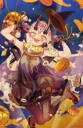 Rule 34 | 1girl, arm tattoo, black dress, blonde hair, candy, chocolate, chocolate bar, cookie, dress, facial mark, fate/grand order, fate (series), fingernails, food, forehead mark, halloween, hat, highres, horns, ibaraki douji (fate), ibaraki douji (festival outfit) (fate), isagiyo, long hair, looking at viewer, mary janes, neck ribbon, oni, oni horns, open mouth, orange ribbon, pointing, pointing at self, pumpkin, ribbon, sharp fingernails, shoes, sleeveless, sleeveless dress, smile, solo, striped clothes, striped thighhighs, tattoo, thighhighs, vertical-striped clothes, vertical-striped thighhighs, witch hat, wrist cuffs, wrist ribbon, yellow eyes