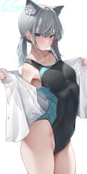 Rule 34 | 1girl, absurdres, animal ear fluff, animal ears, armpits, blue archive, blush, breasts, collarbone, commentary, competition swimsuit, cross hair ornament, ear blush, earrings, grey hair, hair ornament, halo, highres, jewelry, kawai ritsu (rits meg), looking at viewer, official alternate costume, one-piece swimsuit, open clothes, open shirt, ponytail, shiroko (blue archive), shiroko (swimsuit) (blue archive), shirt, shirt hold, simple background, small breasts, solo, stud earrings, swimsuit, two-tone one-piece swimsuit, white background, white shirt, wolf ears
