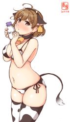 Rule 34 | 1girl, alternate costume, animal print, artist logo, bandaid, bandaid on face, bikini, blush, bottle, breasts, brown eyes, brown hair, cleavage, commentary request, cow print, cowboy shot, dated, highres, kanon (kurogane knights), kantai collection, looking at viewer, medium breasts, milk bottle, oboro (kancolle), short hair, side-tie bikini bottom, simple background, solo, standing, swimsuit, thighhighs, white background, white bikini, white thighhighs