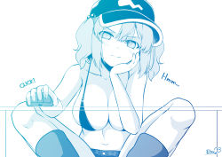 Rule 34 | 1girl, bikini, bikini top only, blue theme, blush, boots, breasts, cleavage, closed mouth, commentary request, feet out of frame, flat cap, hair bobbles, hair ornament, hand on own cheek, hand on own face, hat, head rest, highres, kagiyama shachou, kawashiro nitori, large breasts, looking at viewer, medium hair, monochrome, mouse (computer), navel, short shorts, shorts, sidelocks, simple background, solo, swimsuit, table, touhou, two side up