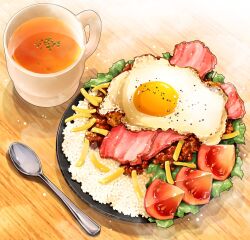 Rule 34 | bacon, cup, egg (food), food, food focus, french fries, lettuce, no humans, ooranokohaku, original, pepper (spice), plate, rice, shadow, spoon, still life, tomato, tomato slice