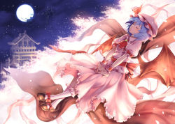 Rule 34 | 3girls, dress, closed eyes, female focus, full moon, own hands clasped, hat, izayoi sakuya, konpaku youmu, kunieda, moon, multiple girls, nail polish, outstretched arms, own hands together, red eyes, remilia scarlet, touhou