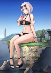 Rule 34 | 1girl, absurdres, azur lane, bikini, black bikini, blush, breasts, cup, eyewear on head, giant, giantess, hanabusaraleigh, highres, holding, holding cup, house, large breasts, looking at viewer, medium hair, navel, official alternate costume, red eyes, sandals, silver hair, simple background, sirius (azur lane), sirius (scorching-hot seirios) (azur lane), sitting, solo, swimsuit, tree