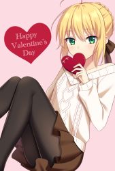Rule 34 | 1girl, ahoge, alternate costume, artoria pendragon (all), artoria pendragon (fate), black bow, black pantyhose, blonde hair, blush, bow, box, braid, braided bun, brown skirt, fate/stay night, fate (series), green eyes, hair between eyes, hair bow, hair bun, happy valentine, heart-shaped box, highres, holding, holding bow (ornament), long sleeves, looking at viewer, miniskirt, pantyhose, pink background, pleated skirt, saber (fate), shino skk, short hair, simple background, skirt, solo, sweater, white sweater