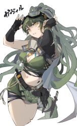 Rule 34 | 1girl, :d, arknights, arms up, belt, belt pouch, bikini, bikini top only, black gloves, breasts, cleavage, crocodilian tail, crossed legs, dagger, dreadlocks, elbow gloves, fingerless gloves, gas mask, gavial (arknights), gavial the invincible (arknights), gloves, goggles, goggles on head, green bikini, green hair, green shorts, grin, highres, kamatpit, knife, large breasts, long hair, looking at viewer, mask, material growth, navel, open mouth, oripathy lesion (arknights), parted lips, pouch, short shorts, shorts, simple background, smile, solo, swimsuit, tail, torn clothes, translation request, very long hair, weapon, white background, yellow eyes