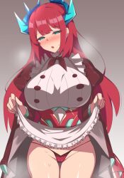 Rule 34 | 1girl, apron, blue eyes, blue horns, blush, breasts, clothes lift, dragon girl, dragon horns, dragon tail, dress, duel monster, holding, horns, kitchen dragonmaid, large breasts, long hair, long sleeves, looking at viewer, maid, maid apron, open mouth, panties, puffy sleeves, red hair, red panties, skirt, skirt lift, tail, u2 (u2 85269), underwear, yu-gi-oh!