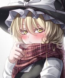 Rule 34 | 1girl, adjusting scarf, black hat, blonde hair, blush, bow, braid, closed mouth, enpera, frilled hat, frills, hair between eyes, half-closed eyes, hat, hat bow, highres, kirisame marisa, long sleeves, looking at viewer, mahoro (minase mahoro), plaid, plaid scarf, red scarf, ribbon, scarf, serious, shirt, solo, steam, touhou, upper body, white background, white bow, white ribbon, white shirt, witch hat, yellow eyes