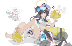 Rule 34 | 1girl, absurdres, ass, bare legs, bare shoulders, barefoot, between toes, black hair, blue archive, blue eyes, blush, cheerleader, feet, goggles, goggles on head, halo, hibiki (blue archive), hibiki (cheer squad) (blue archive), highres, kele mimi, legs, long hair, looking at viewer, millennium cheerleader outfit (blue archive), miniskirt, official alternate costume, panties, pleated skirt, pom pom (cheerleading), quadcopter, shoes, unworn shoes, sidelocks, simple background, sitting, skirt, soles, solo, strapless, sweat, tail, toes, underwear, white background, white panties, white skirt