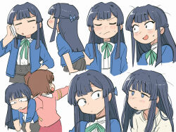 Rule 34 | 2girls, :o, blue bow, blue eyes, blue hair, blue jacket, blunt bangs, blush, blush stickers, bow, brown hair, closed eyes, closed mouth, commentary request, double-parted bangs, expressions, furrowed brow, green ribbon, grey skirt, hair bow, hair intakes, half updo, idolmaster, idolmaster million live!, jacket, kasuga mirai, long hair, loose hair strand, mogami shizuka, multiple girls, neck ribbon, nose blush, open mouth, parted lips, pink jacket, red skirt, ribbon, sanpaku, shirt, side ponytail, sideways mouth, simple background, skirt, sweat, tearing up, tsubobot, variations, white background, white shirt, wide-eyed