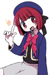Rule 34 | 1girl, :d, arima kana, beret, black vest, blue hat, blue jacket, blunt bangs, blush, bob cut, bow, buttons, collared shirt, cropped jacket, dokan (dkn), grey skirt, hand up, hat, jacket, long sleeves, looking at viewer, open mouth, oshi no ko, pink bow, red eyes, red hair, school uniform, shirt, short hair, simple background, sitting, skirt, smile, solo, star (symbol), vest, white background, white shirt, youtou high school uniform