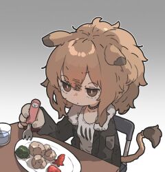 Rule 34 | 1girl, amonitto, animal ears, arknights, black jacket, breasts, broccoli, brown eyes, brown hair, chair, chibi, choker, closed mouth, cup, ears down, food, fork, highres, holding, holding fork, jacket, jitome, lion ears, lion girl, lion tail, long sleeves, plate, sausage, shirt, siege (arknights), sitting, small breasts, solo, table, tail, white shirt
