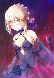 Rule 34 | 1girl, artoria pendragon (all), artoria pendragon (fate), bare shoulders, blonde hair, blush, bow, braid, breasts, brown eyes, cleavage, closed mouth, collarbone, commentary request, criss-cross halter, dress, elbow gloves, fate/stay night, fate (series), gloves, hair between eyes, hair bow, halterneck, highres, looking at viewer, medium breasts, purple bow, purple dress, purple gloves, saber alter, samoore, sidelocks, solo
