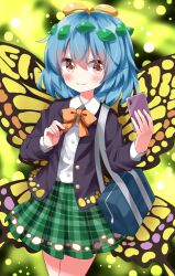 Rule 34 | 1girl, antennae, aqua eyes, bag, black jacket, blush, brown eyes, butterfly wings, buttons, cellphone, closed mouth, collared shirt, cowboy shot, eternity larva, fairy, green skirt, hair between eyes, highres, holding, holding phone, insect wings, jacket, leaf, leaf on head, long sleeves, open clothes, open jacket, phone, pleated skirt, ruu (tksymkw), shirt, short hair, shoulder bag, skirt, smartphone, smile, solo, touhou, white shirt, wings