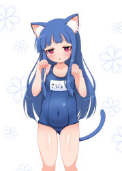 Rule 34 | animal ear fluff, animal ears, arms up, blue hair, blue one-piece swimsuit, blunt bangs, blush, breasts, cat ears, cat girl, cat tail, covered navel, gluteal fold, highres, hosizora mikoto, idolmaster, idolmaster cinderella girls, long hair, old school swimsuit, one-piece swimsuit, open mouth, paw pose, red eyes, sajo yukimi, school swimsuit, small breasts, swimsuit, tail, thighs
