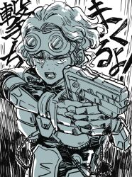 Rule 34 | 1girl, alternator, angry, animification, apex legends, cable, freckles, greyscale, gun, hair behind ear, holding, holding gun, holding weapon, horizon (apex legends), monochrome, mononobex, motion lines, open mouth, short hair, solo, submachine gun, translation request, upper body, v-shaped eyebrows, weapon