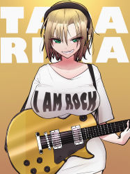 Rule 34 | 1girl, absurdres, breasts, brown hair, character name, collarbone, electric guitar, gibson les paul, green eyes, grin, guitar, headphones, highres, idolmaster, idolmaster cinderella girls, instrument, large breasts, looking at viewer, nanod (key1530), oversized clothes, oversized shirt, print shirt, shirt, simple background, smile, solo, tada riina, upper body, white shirt, yellow background