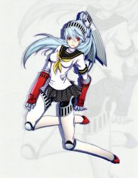 Rule 34 | 1girl, android, aqua hair, atlus, blue hair, joints, knee pads, labrys (persona), long hair, miniskirt, persona, persona 4: the ultimate in mayonaka arena, pleated skirt, ponytail, red eyes, robot joints, school uniform, skirt, solo, very long hair