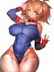 Rule 34 | 1girl, blue leotard, breasts, brown hair, covered erect nipples, covered navel, curvy, fingerless gloves, fumio (rsqkr), gloves, gundam, gundam 0079 card builder, highleg, highleg leotard, highres, huge breasts, leotard, looking at viewer, parted lips, reiko holinger, simple background, solo, thick thighs, thighhighs, thighs, twintails, white background, white thighhighs, wide hips