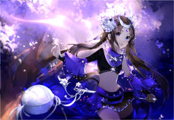 Rule 34 | 1girl, asymmetrical clothes, blue eyes, breasts, brown hair, cherry blossoms, collarbone, cowboy shot, crop top, detached sleeves, flute, forehead jewel, groin, headwear request, holding, holding instrument, instrument, jian xia qing yuan (series), jianxia qingyuan (series), jianxia qingyuan 3, jianxia qingyuan online 3, long hair, long sleeves, looking at viewer, midriff, navel, open mouth, petals, skirt, small breasts, smile, solo, stomach, tassel, thighhighs, turtleneck, very long hair, wide sleeves