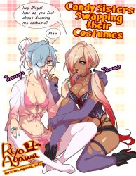 Rule 34 | 2girls, agawa ryou, amemiya tamae, amemiya tamayo, artist name, bad id, bad tumblr id, bikini, blue hair, breasts, brown eyes, candy, character name, cleavage, commentary request, cosplay, costume switch, dark-skinned female, dark skin, detached sleeves, ear piercing, english text, fang, food, front-tie top, glasses, hair ornament, hair over one eye, high heels, jewelry, large breasts, lipstick, lollipop, long hair, makeup, midriff, multicolored hair, multiple girls, nail polish, navel, navel piercing, open mouth, original, piercing, pink hair, pocky, ring, shirt, short shorts, shorts, siblings, sisters, sitting, skull hair ornament, sleeves past wrists, swimsuit, thighhighs, tied shirt, torn clothes, torn legwear, two-tone hair, watermark, web address, white hair