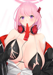 Rule 34 | 1girl, absurdres, bad proportions, bikini, blue archive, blush, breasts, eimi (blue archive), halo, headphones, headphones around neck, highres, huge breasts, jacket, jam (nandade), mouth hold, navel, necktie, off shoulder, open clothes, open jacket, open shirt, pink hair, purple eyes, red necktie, shirt, simple background, solo, swimsuit, upper body, white background, white shirt, zipper