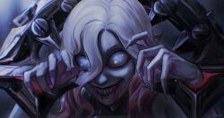 Rule 34 | 1girl, artist name, blood, blood from mouth, blurry, blurry background, briar (league of legends), chained wrists, colored skin, fingernails, grey background, grey eyes, grey hair, grey skin, grin, hair between eyes, hands up, highres, horror (theme), league of legends, looking at viewer, multicolored hair, no pupils, noctysart, pink hair, pointy ears, portrait, sharp fingernails, sharp teeth, smile, solo, teeth, two-tone hair, upper body, vampire